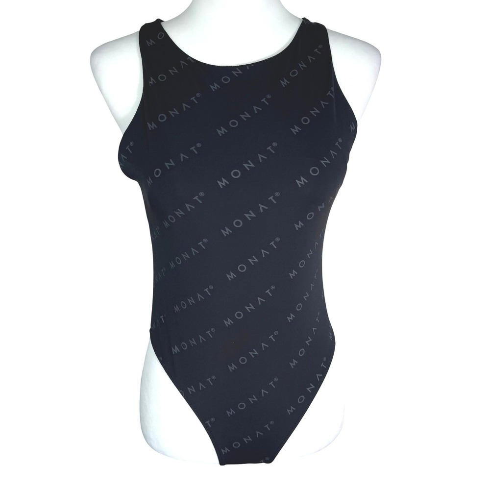 MONAT NWT Women's Medium Black Gray Tonal All Over Logo Print High Neck Bodysuit